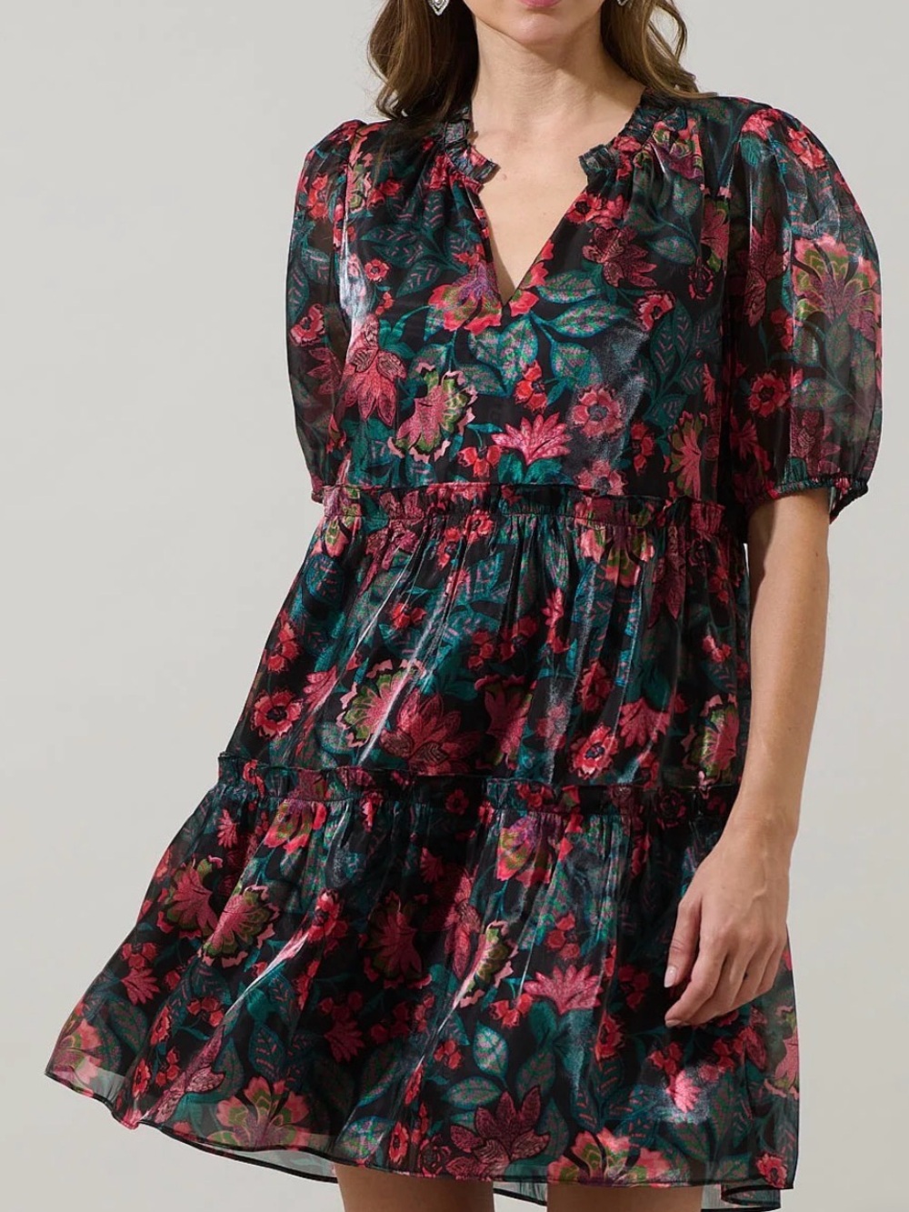 Sugarlips Dark Green Floral Tiered Mini Dress with Pink Accents
